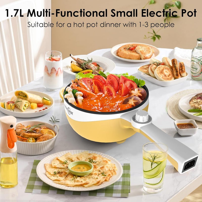 Audecook Hot Pot Electric, 1.7L Mini Electric Skillet Portable Nonstick Sauté Pan with Power Adjustment, Ramen Cooker Travel Multicooker for Steak/Soup/Egg/Oatmeal/Noodles (Tongs for Cooking Included) - Image 4